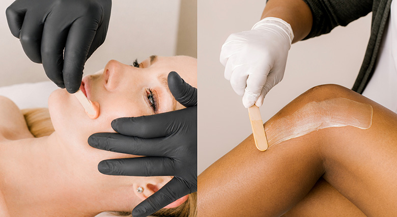 Spa treatment collage: facial cleansing on a woman and leg waxing with a wax strip in the adjacent panel.