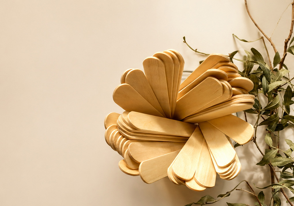 Cluster of wooden spatulas arranged in a flower-like bouquet on a light wall, with green leaves visible to the right.