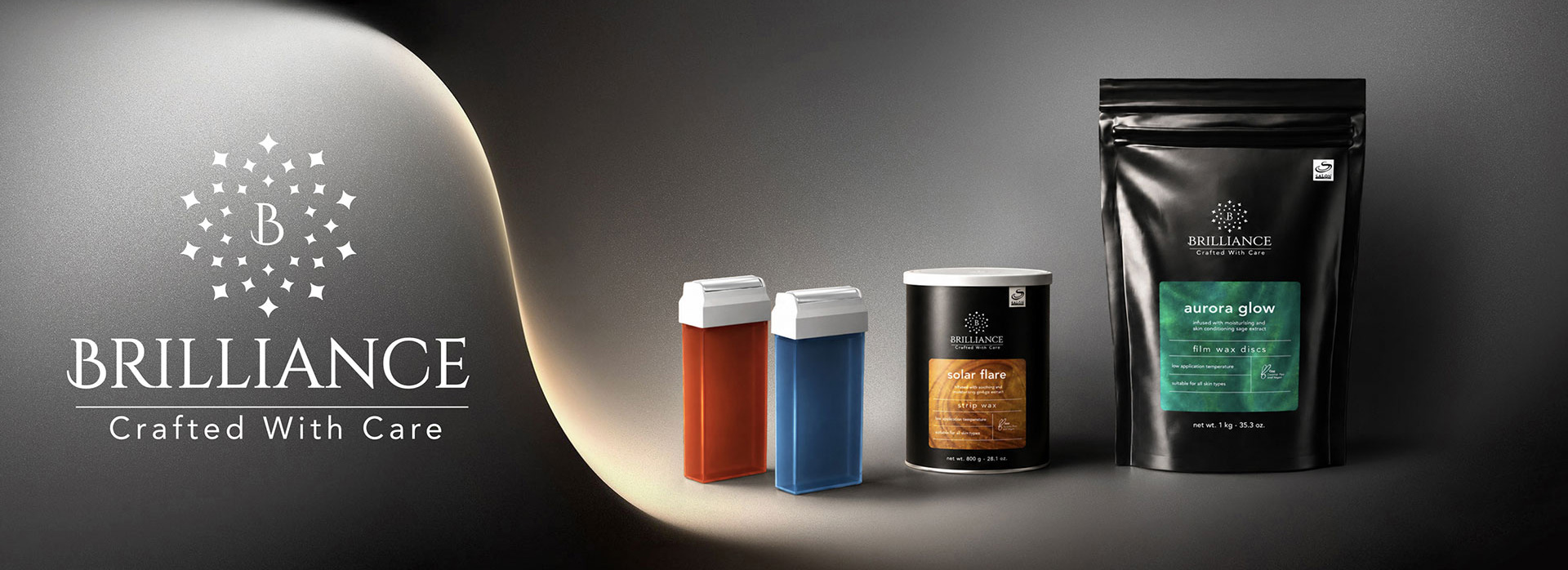 BRILLIANCE logo and tagline on the left with a row of skincare products (orange and blue bottles, a black jar) and a large pouch on a gray backdrop, brushed-metal look.