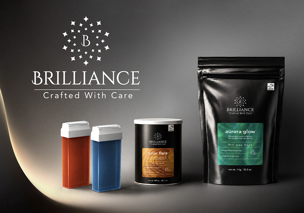 Brilliance logo and slogan with three cosmetic products: orange and blue squeeze bottles, a black jar labeled Solar Flare strip wax, and a black pouch labeled Aurora Glow film wax discs.