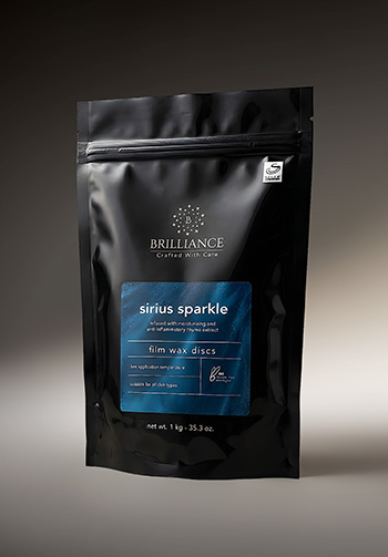 Black resealable pouch labeled Brilliance, Sirius Sparkle film wax discs, with a blue label on the front.