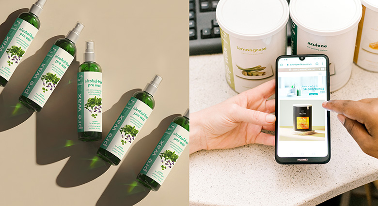 Left: several green bottles labeled 'alcohol-free pre-wax' arranged on a beige surface; right: a person uses a smartphone to view a product beside white lemongrass jars on a counter.