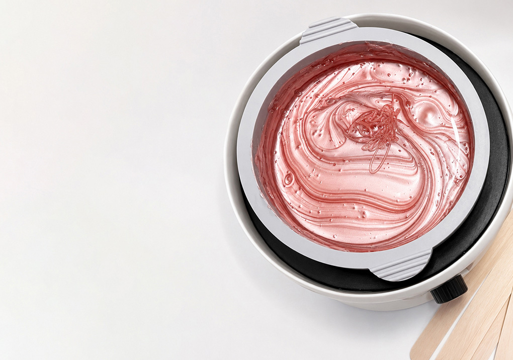 Electric paint mixer with pink swirl paint in a bowl on a white surface, wooden spatulas nearby.
