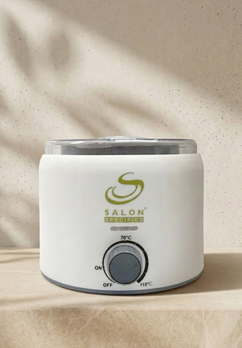 White cylindrical wax warmer on a beige surface, featuring a Salon Specifics logo and a gray temperature dial labeled 70°C with On/Off settings.