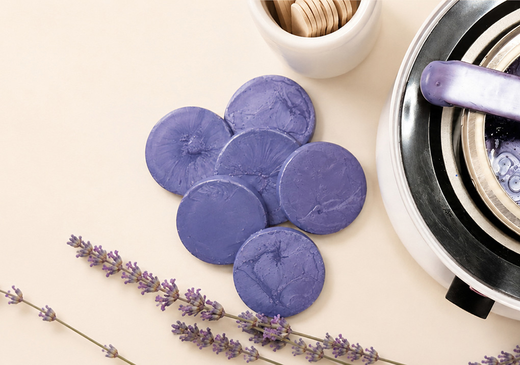 Flat lay of six round purple lavender soap discs with lavender sprigs and a jar of wooden sticks on a light background near a metal cookware lid and purple spatula edge.