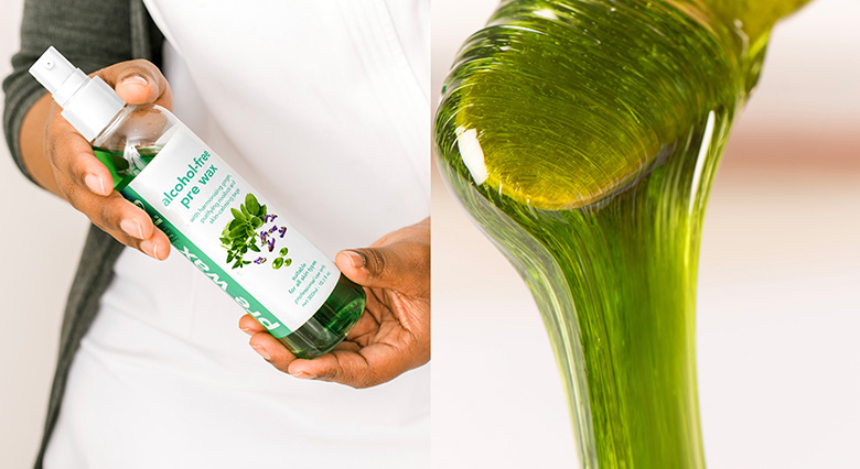 Hands hold a spray bottle labeled 'alcohol-free pre wash' with herbal imagery, beside a bright green flowing liquid.