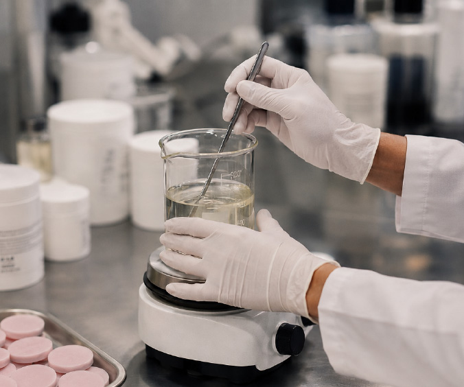 Lab technician wearing gloves stirring a beaker of liquid on a magnetic stirrer in the lab