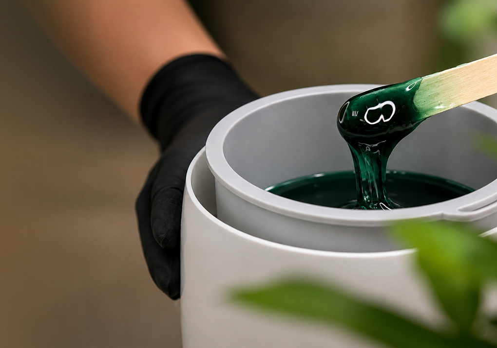 Gloved hand steadies a light gray paint can as a wooden stick lifts up dark green paint from the can surface, ready to stir or apply.