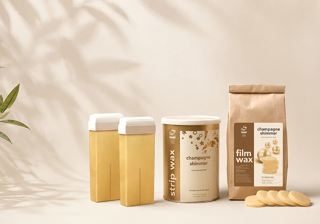 Waxing product set: two tall beige containers with white caps, a can labeled 'champagne shimmer strip wax', and a brown paper bag 'film wax' with wax disks beside it.